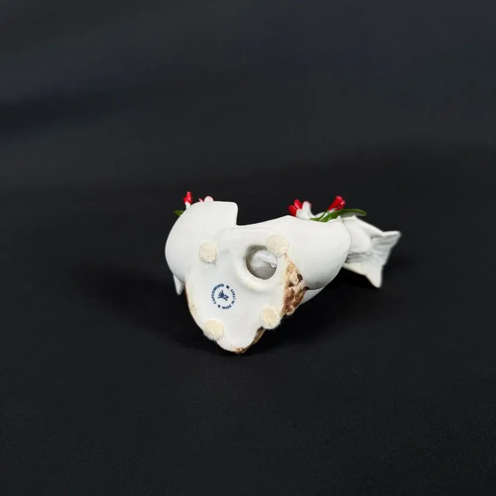 Capodimonte Porcelain White Doves on Cracked Egg with Red Roses